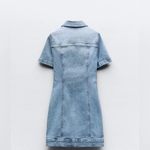Zara Dress mini denim jeans button up collar casual short sleeve - Picture 7 of 8